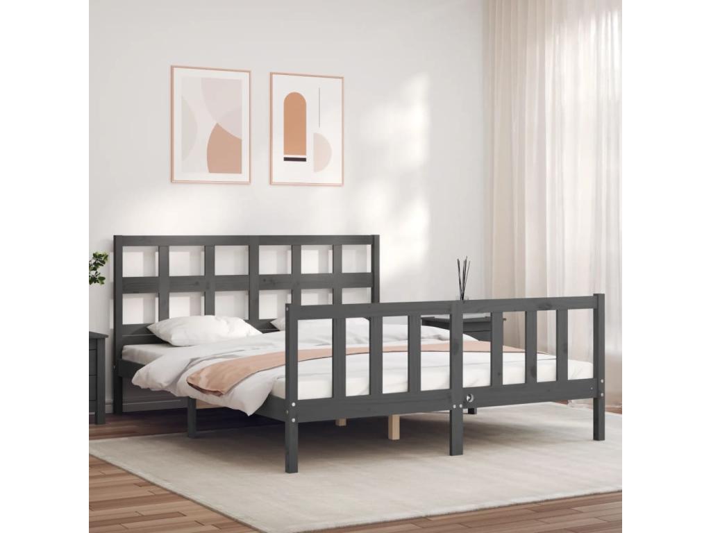 Bed Frame with Headboard - Gray Wood, W 80.9 x D 61.2 x H 39.4 in