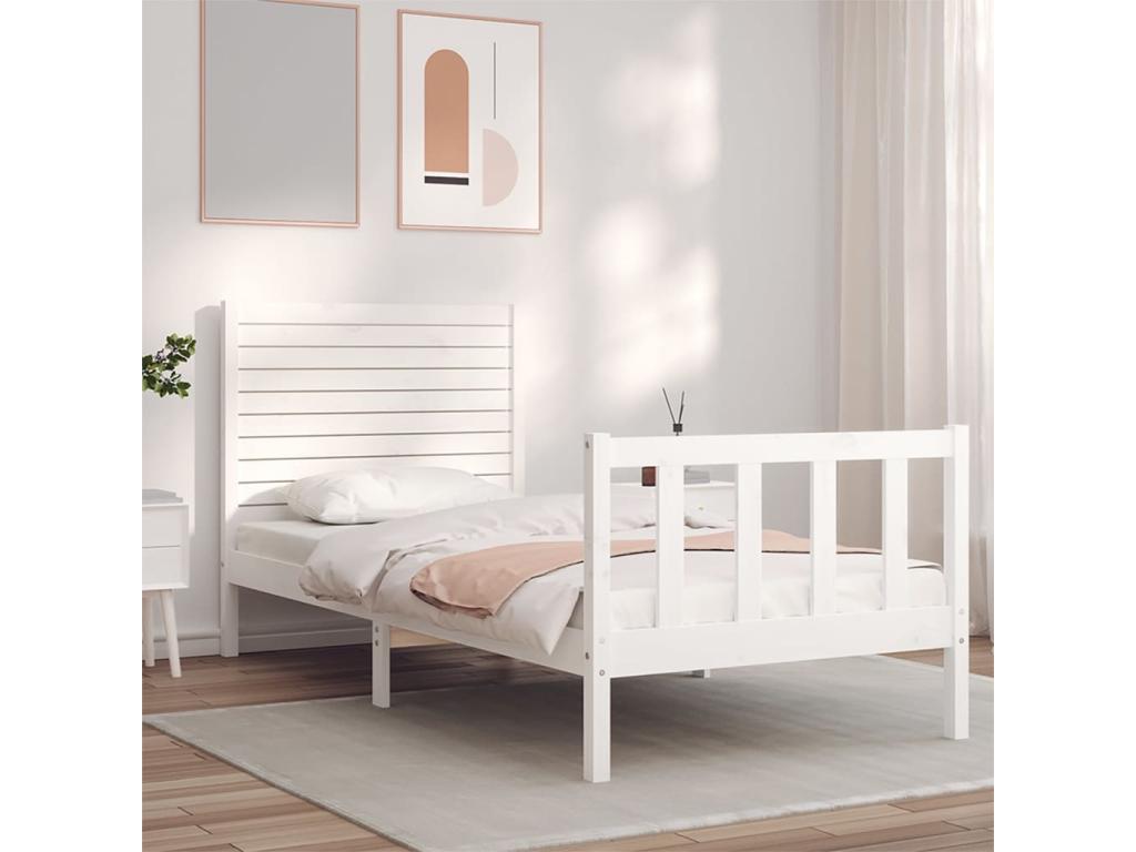 Bed Frame with Mattress - White Wood, W 80.9 x D 41.5 x H 39.4 in