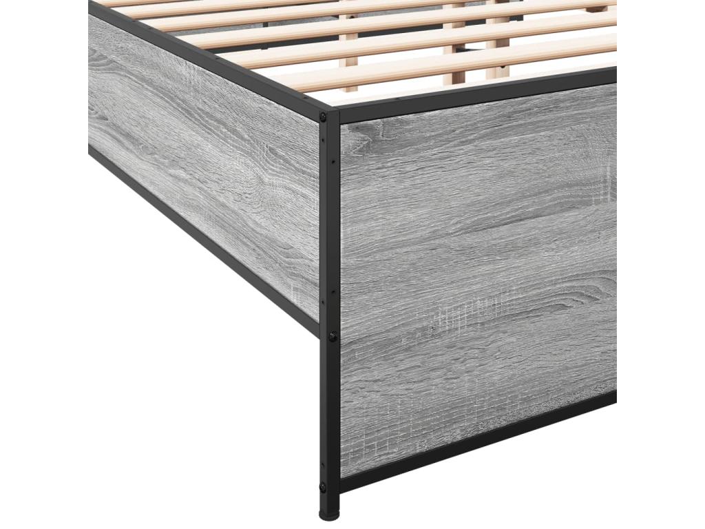 Bed Frame with Mattress - Gray Wood, W 79.9 x D 56.3 x H 15.9 in