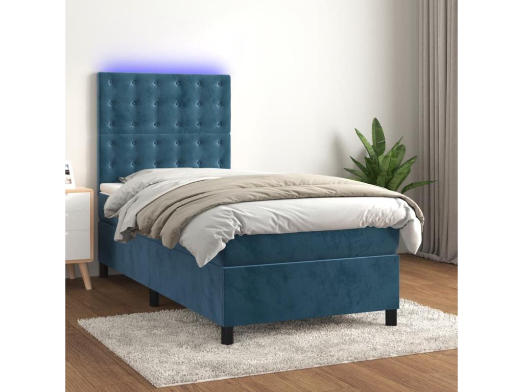 Bed Frame with Mattress with LED - Dark Blue Wood, W 79.9 x D 31.5 x H 50.4 in