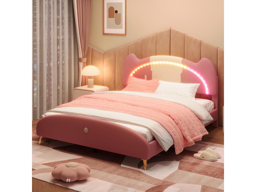 Bed with LED - Pink Leather, W 81.9 x D 59.1 x H 38.2 in