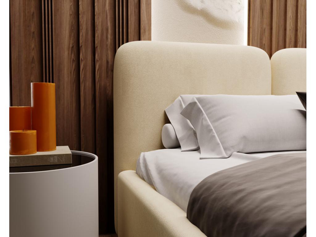 Bed - Beige Polyester Fabric, Solid Wood, Steel, W 90.6 x D 65 x H 41.3 in