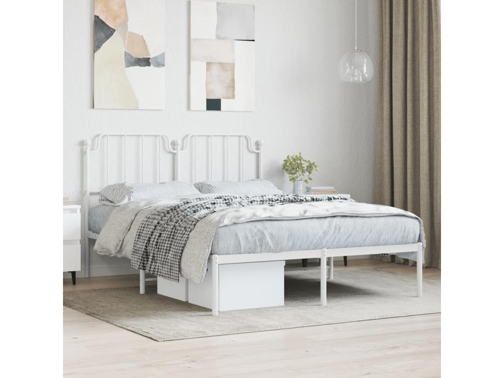 Bed Frame with Headboard - White Steel, W 81.5 x D 61.4 x H 40.2 in