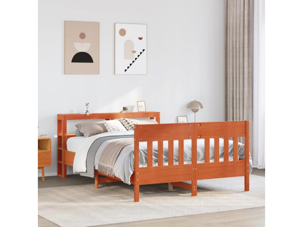 Bed Frame with Mattress - Brown Wood, W 84.4 x D 55.5 x H 32.3 in