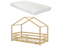 Bed Frame with Mattress - Natural Wood, W 80.7 x D 38.2 x H 53.5 in