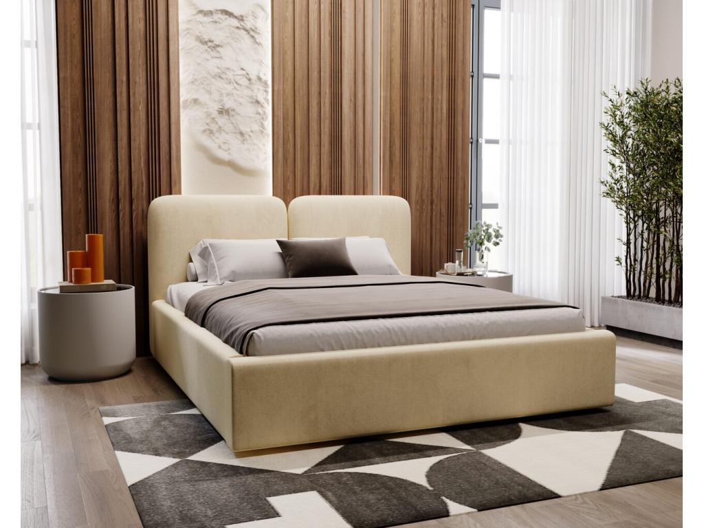 Bed - Beige Polyester Fabric, Solid Wood, Steel, W 90.6 x D 65 x H 41.3 in