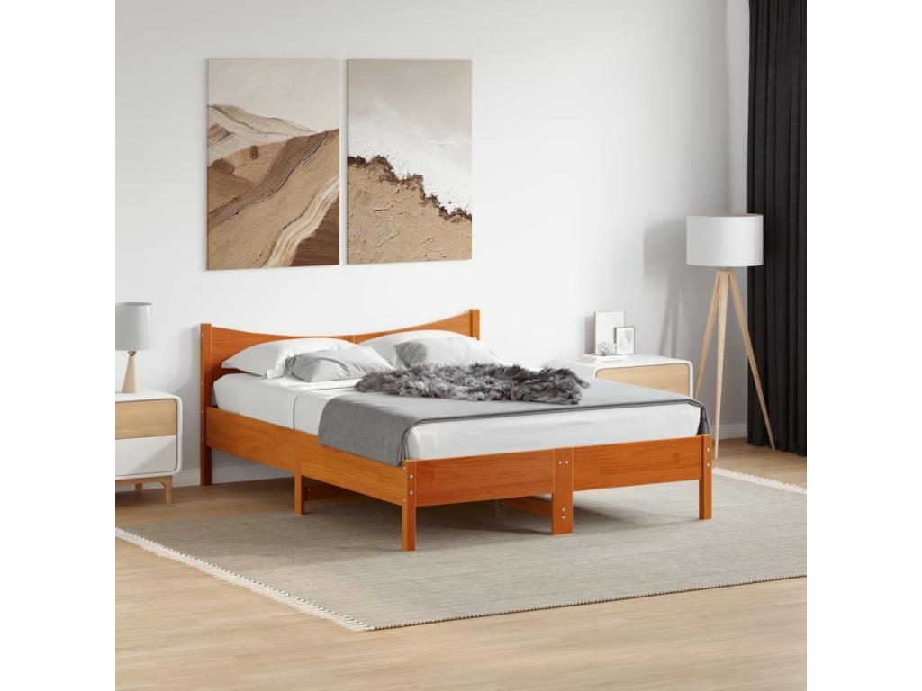 Bed Frame with Mattress - Brown Wood, W 77 x D 49.4 x H 29.1 in