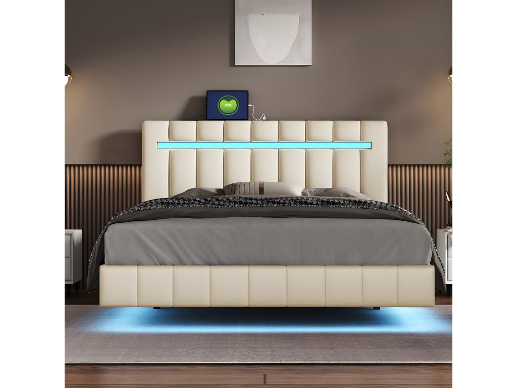 Bed with LED - Beige Linen, W 82.7 x D 59.4 x H 39.4 in