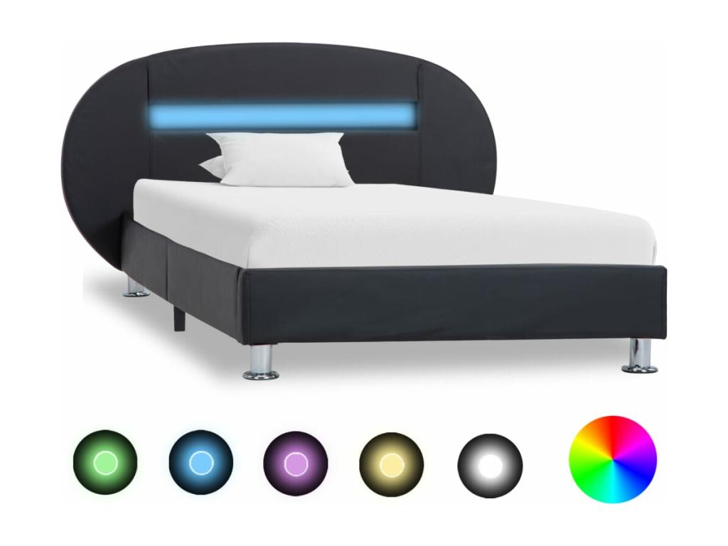 Bed with LED - Black Faux Leather, W 81.9 x D 48.4 x H 27.6 in