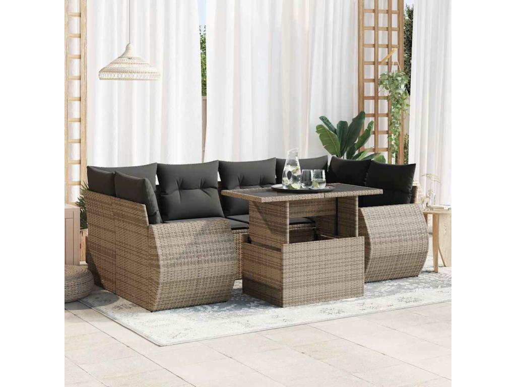7-Piece Outdoor Patio Set with Cushions - Brown Resin, W 21.7 x D 27.2 x H 24.4 in