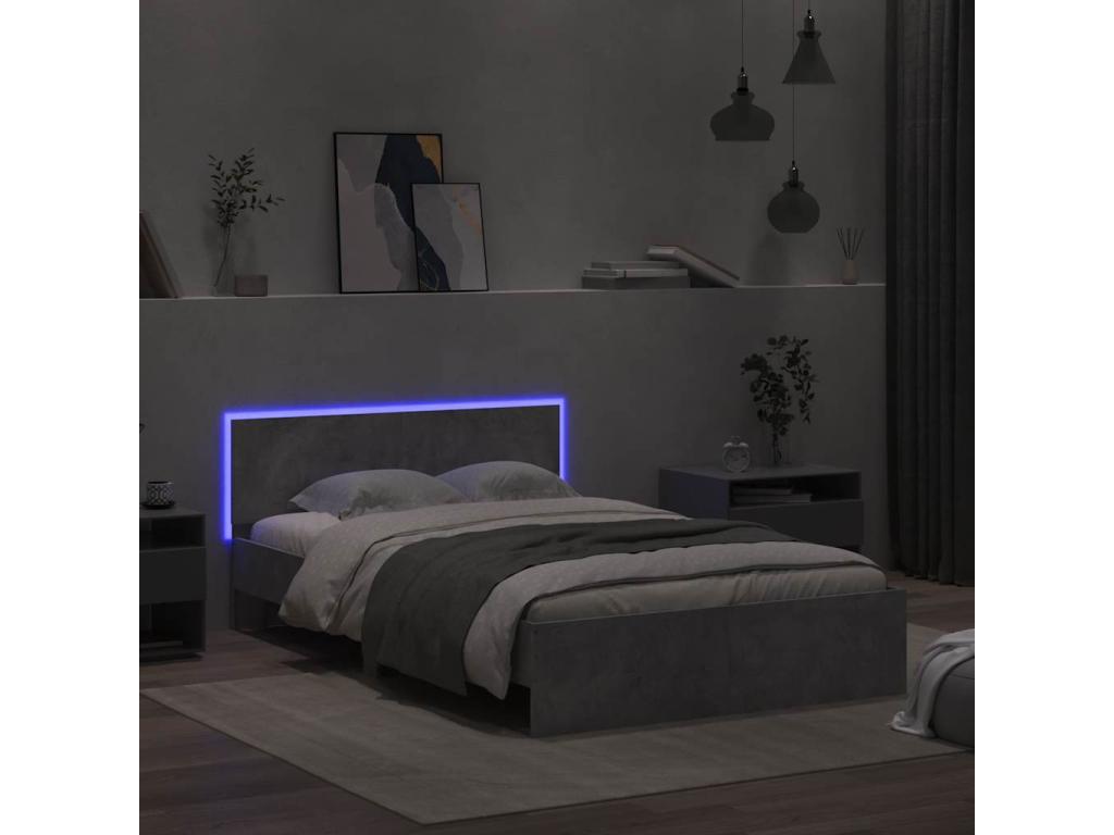 Bed Frame with Headboard with LED - Gray Engineered Wood, W 76 x D 57.1 x H 27.6 in