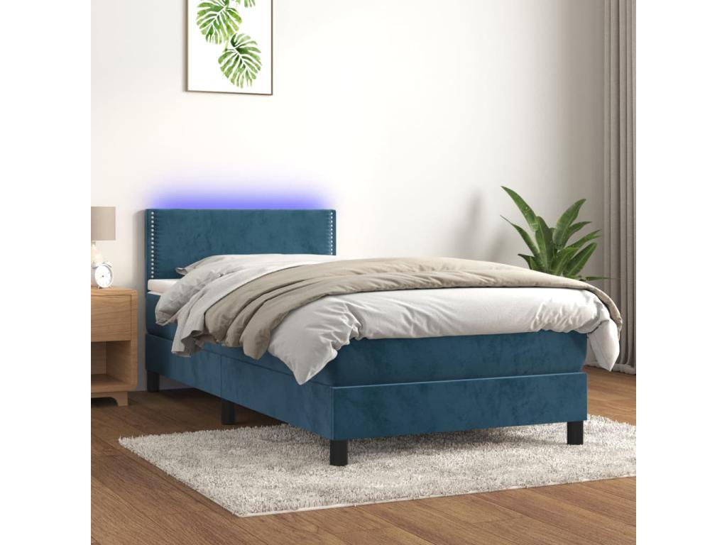 Bed Frame with Mattress with LED - Dark Blue Wood, W 79.9 x D 35.4 x H 34.6 in