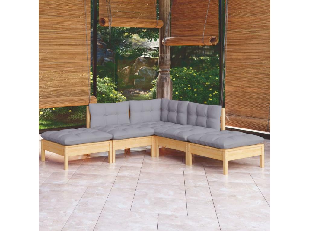 5-Piece Outdoor Patio Set with Cushions - Gray Wood, W 25 x D 25 x H 24.6 in