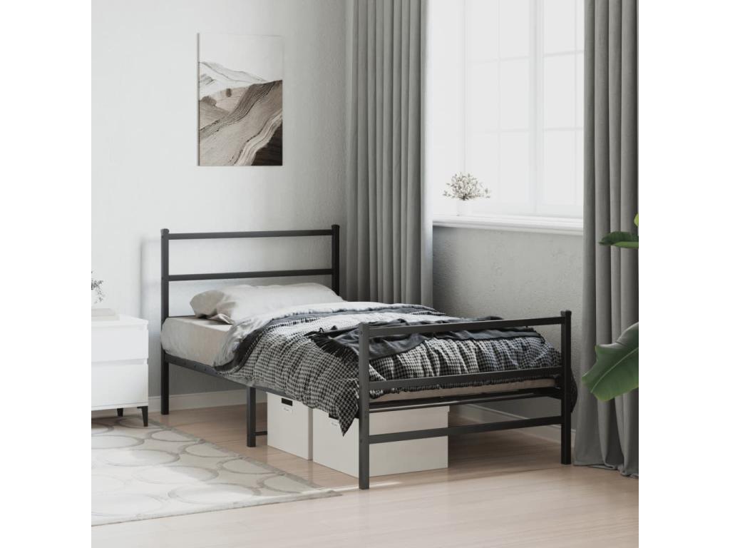 Bed Frame with Headboard - Black Steel, W 81.5 x D 41.3 x H 35.4 in