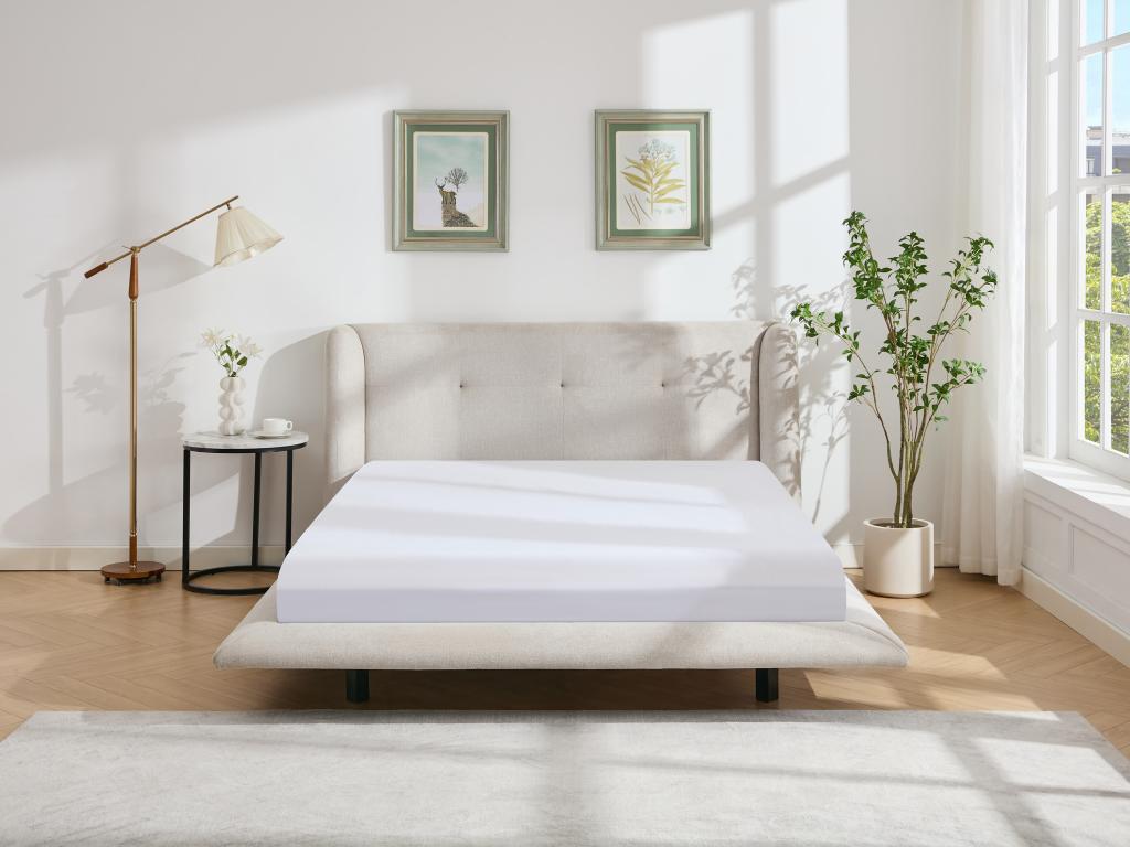 Bed - Beige Polyester Fabric, W 69.3 x D 86.2 x H 40.6 in