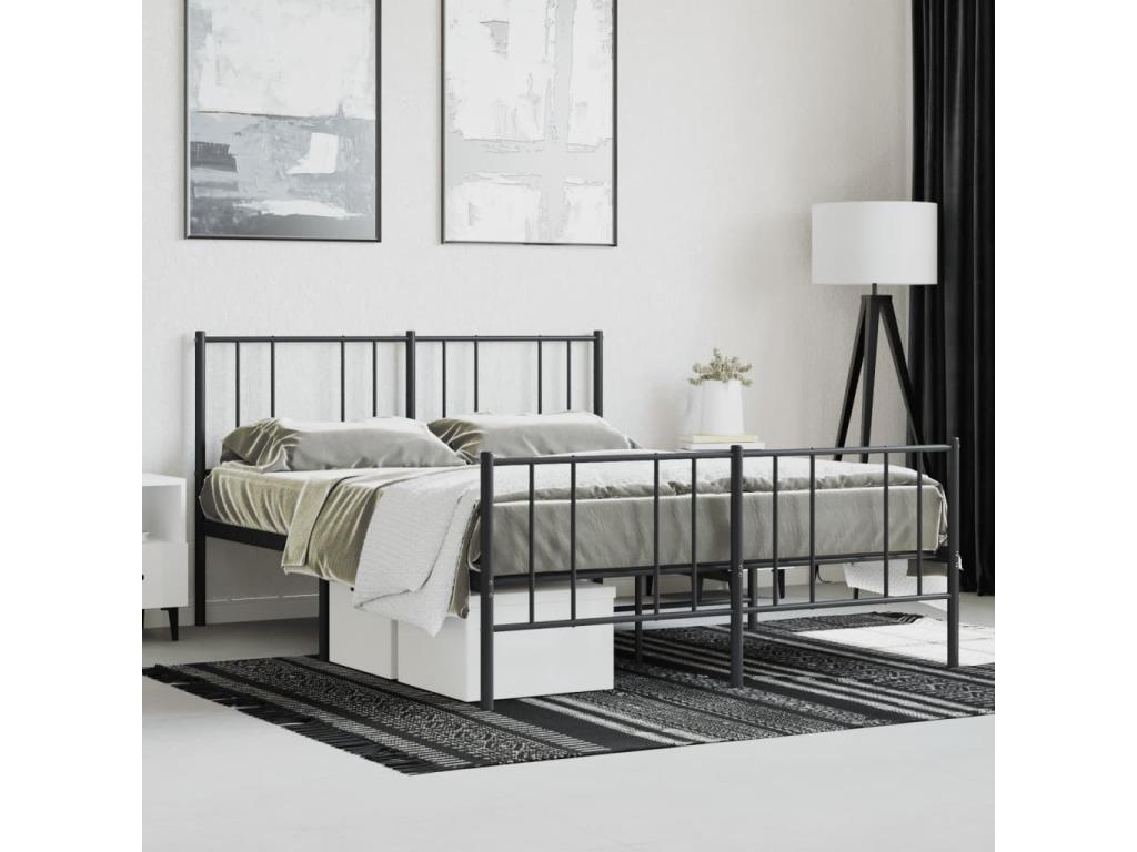 Bed Frame with Headboard - Black Steel, W 77.2 x D 49.2 x H 35.4 in