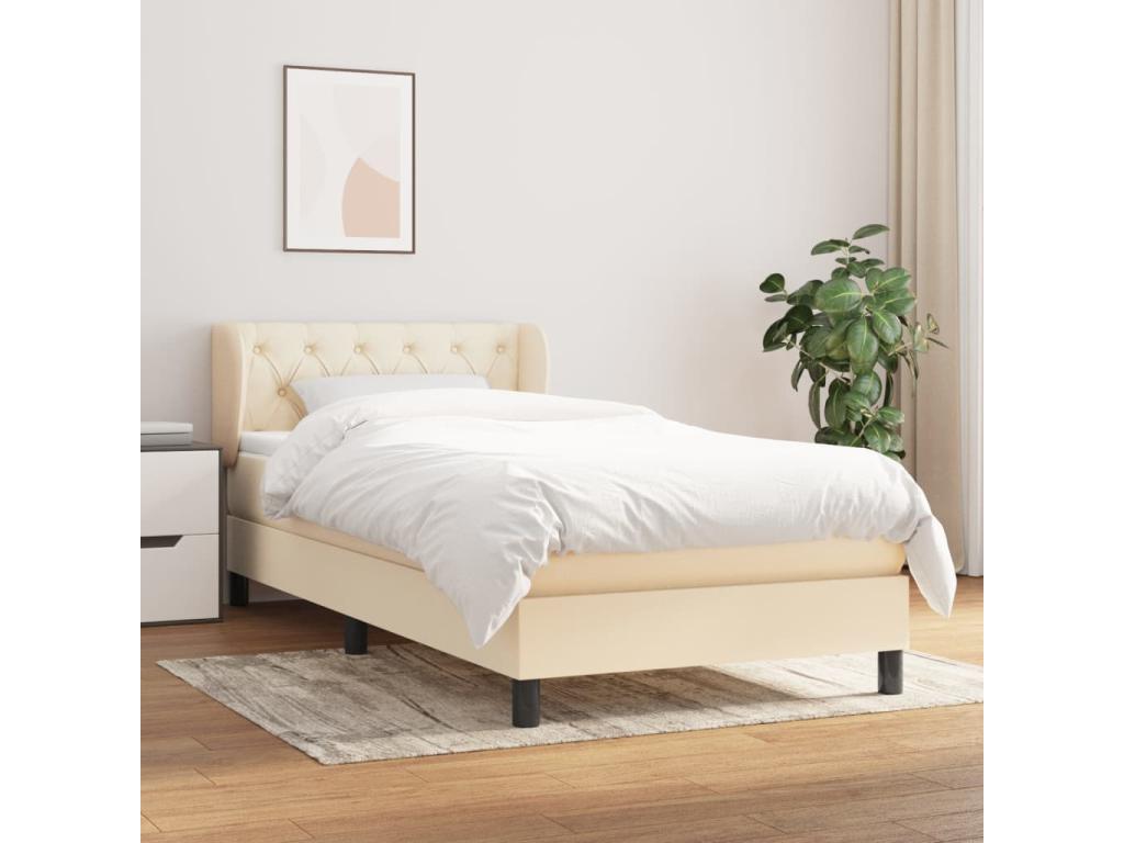 Bed Frame with Mattress - Creme Polyester Fabric, W 79.9 x D 32.7 x H 34.6 in