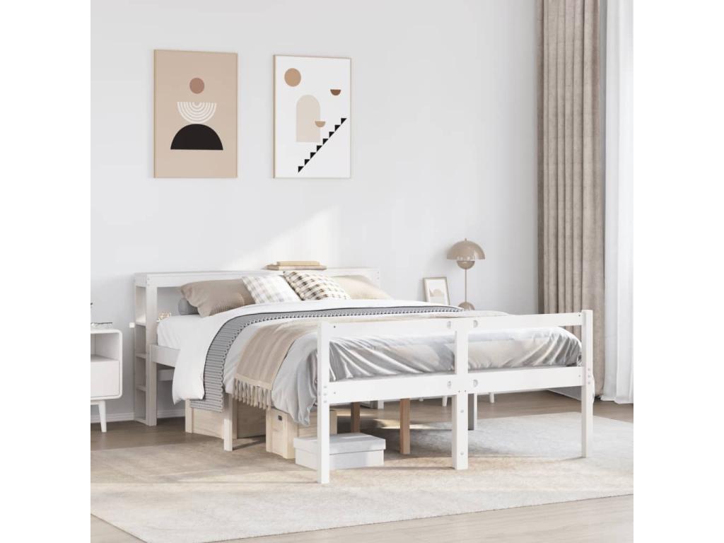 Bed - White Wood, W 88.4 x D 65.4 x H 32.3 in