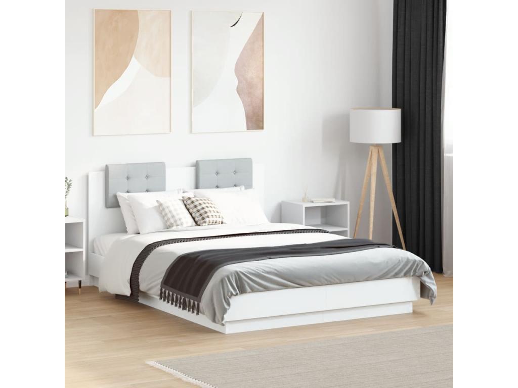 Bed Frame with Headboard with LED - White Engineered Wood, W 76 x D 56.3 x H 33.1 in