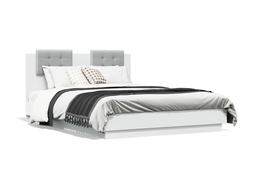 Bed Frame with Headboard with LED - White Engineered Wood, W 76 x D 56.3 x H 33.1 in
