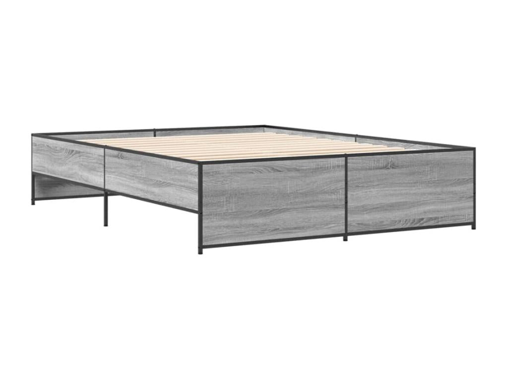 Bed Frame with Mattress - Gray Wood, W 79.9 x D 56.3 x H 15.9 in