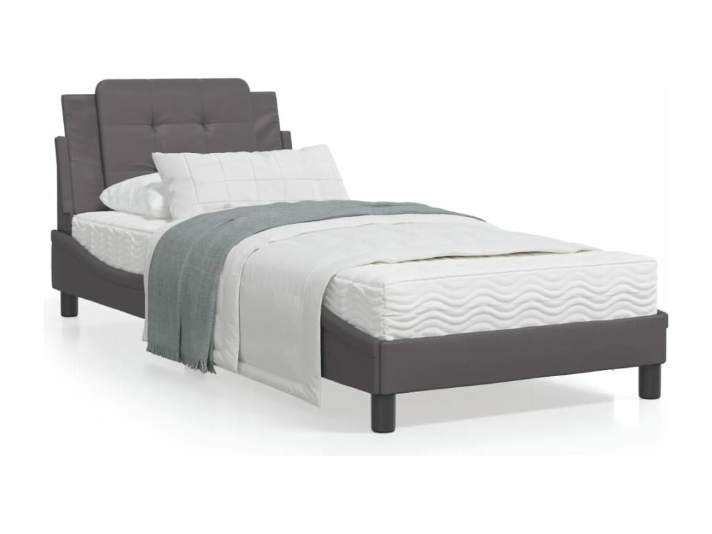 Bed Frame with Mattress - Gray Faux Leather, W 81.9 x D 37.4 x H 29.3 in
