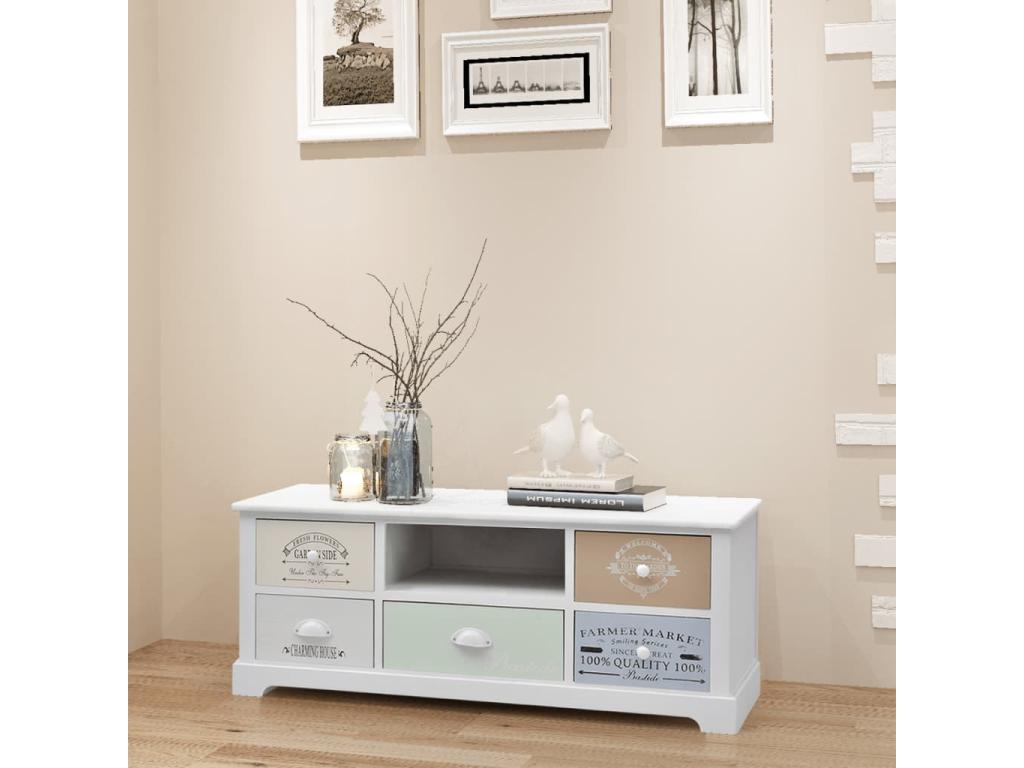 TV Stand - White Wood, W 39.4 x D 13.8 x H 15.7 in