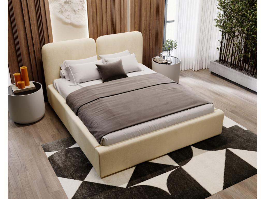 Bed - Beige Polyester Fabric, Solid Wood, Steel, W 90.6 x D 65 x H 41.3 in