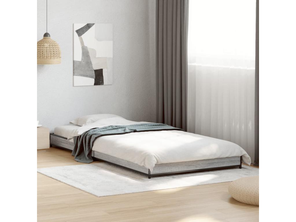 Bed Frame with Mattress - Gray Wood, W 79.9 x D 36.6 x H 5.7 in