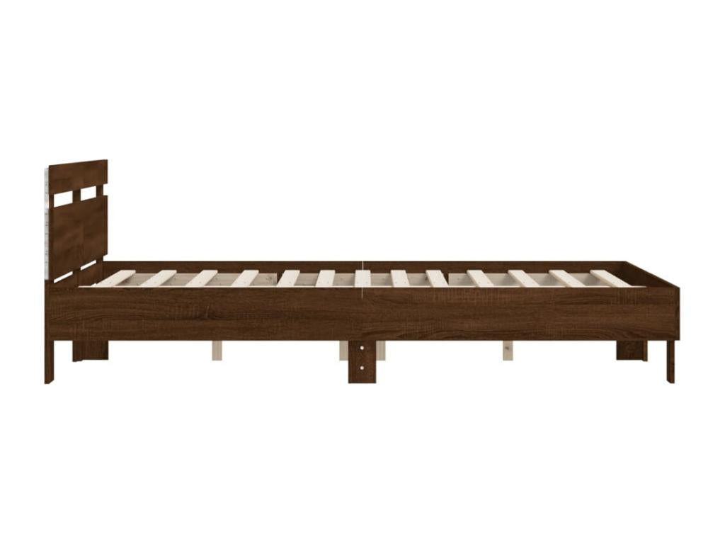Bed Frame with Headboard with LED - Brown Engineered Wood, W 79.9 x D 57.1 x H 27.6 in