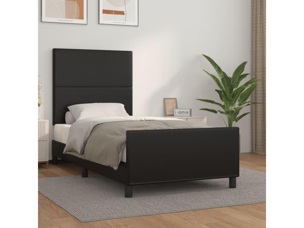 Bed Frame with Headboard - Black Faux Leather, W 79.9 x D 32.7 x H 50.4 in