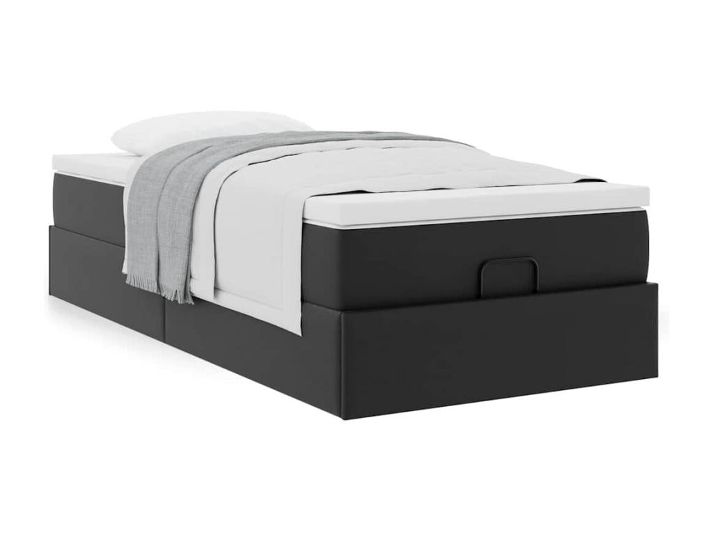 Bed Frame with Mattress - Black Faux Leather, W 79.9 x D 31.5 x H 9.3 in
