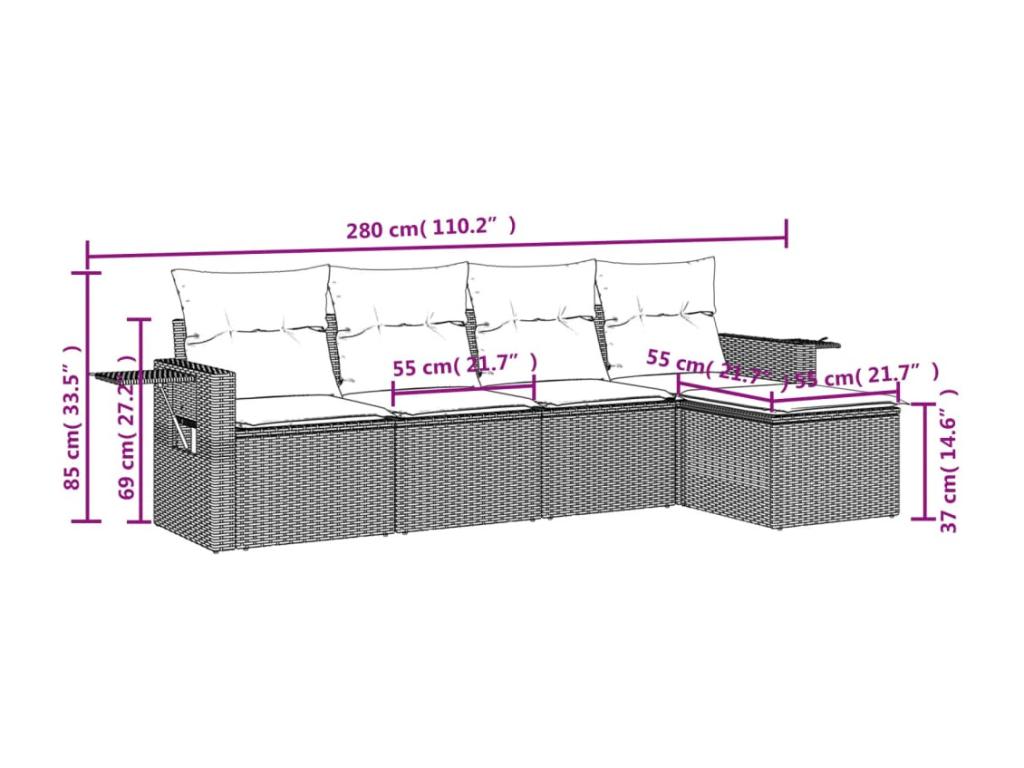 5-Piece Outdoor Patio Set with Cushions - Brown Wood, W 26 x D 24.4 x H 27.8 in