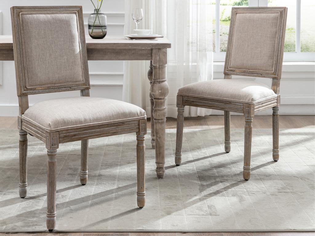 Set of 6 Chairs - Beige Polyester Fabric, Solid Wood, W 19.7 x D 17.3 x H 17.3 in