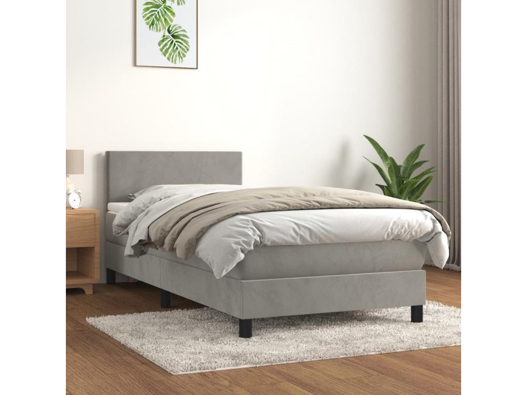 Bed Frame with Mattress - Gray Velvet, W 79.9 x D 31.5 x H 34.6 in