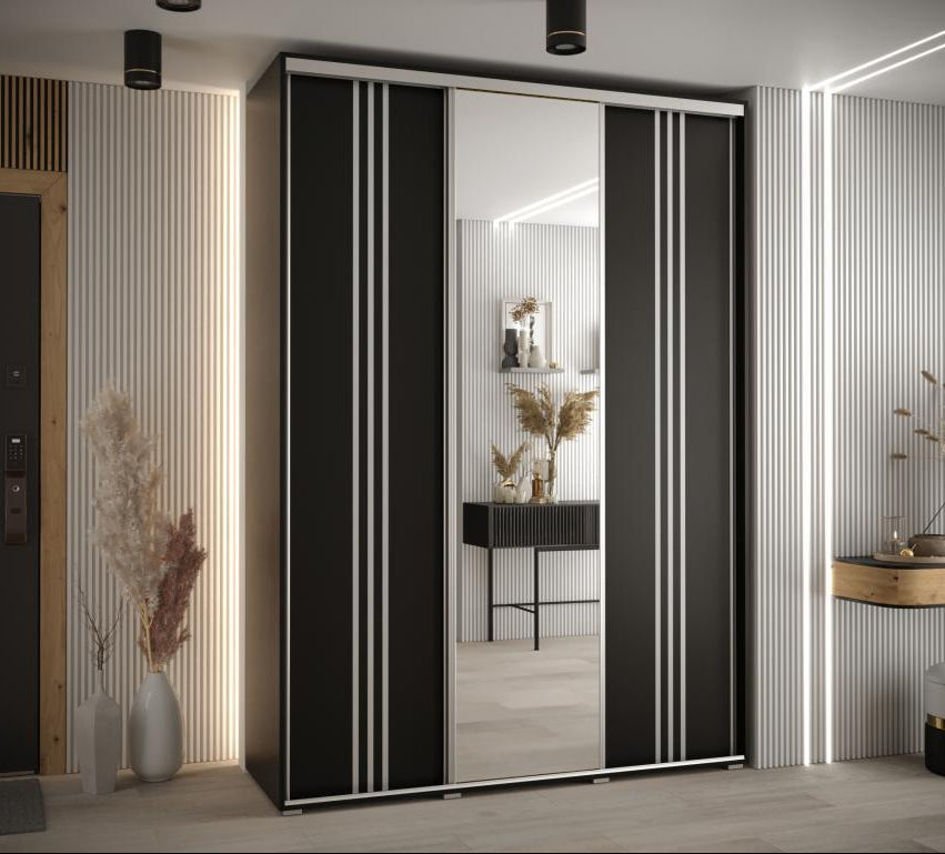 Sliding Door Wardrobe - Black Engineered Wood, W 70.9 x D 23.6 x H 92.5 in