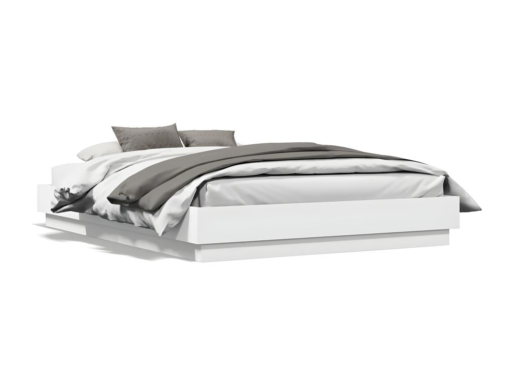 Bed Frame with Mattress with LED - White Wood, W 76 x D 48.4 x H 9.1 in