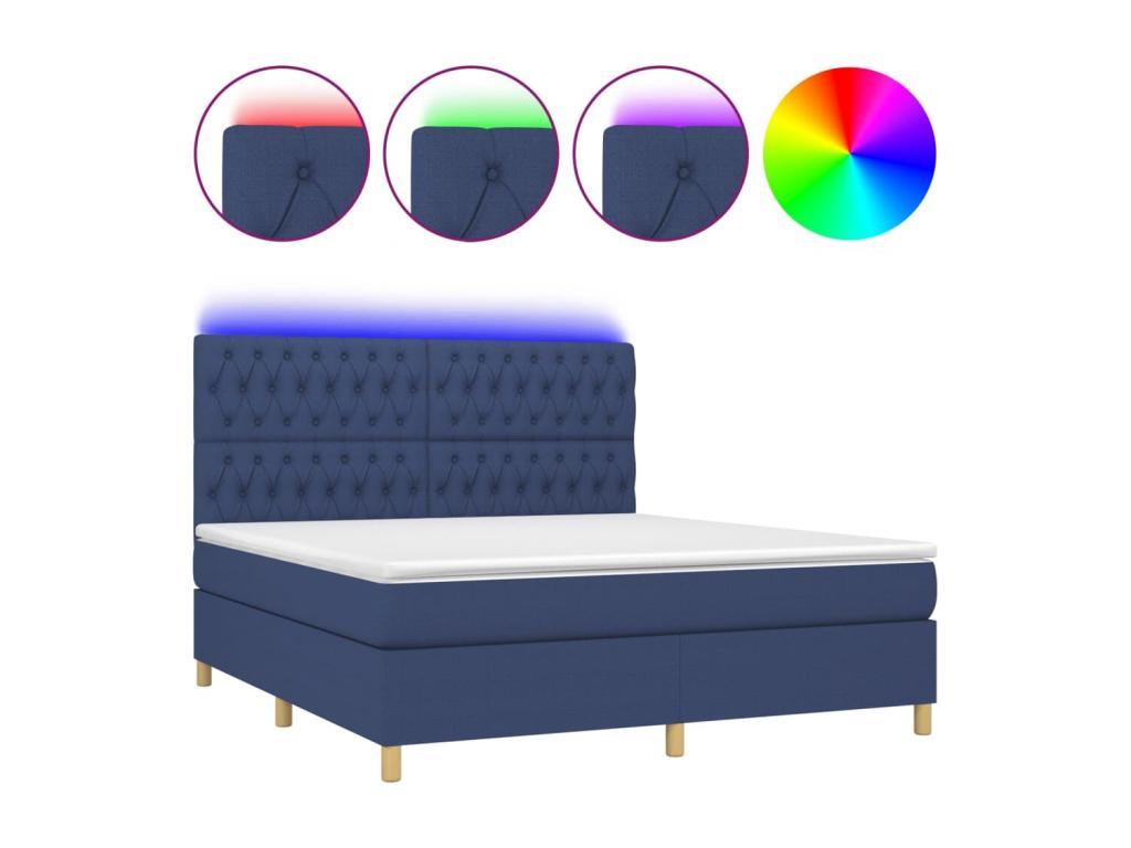 Bed Frame with Mattress with LED - Blue Polyester Fabric, W 79.9 x D 70.9 x H 50.4 in