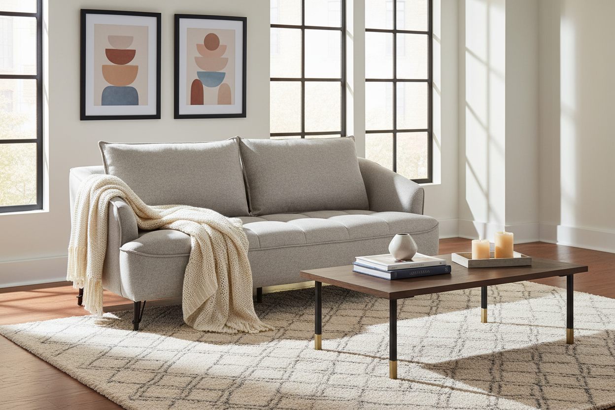 Sofa - Gray Polyester Fabric, W 77.2 x D 33.5 x H 34.3 in