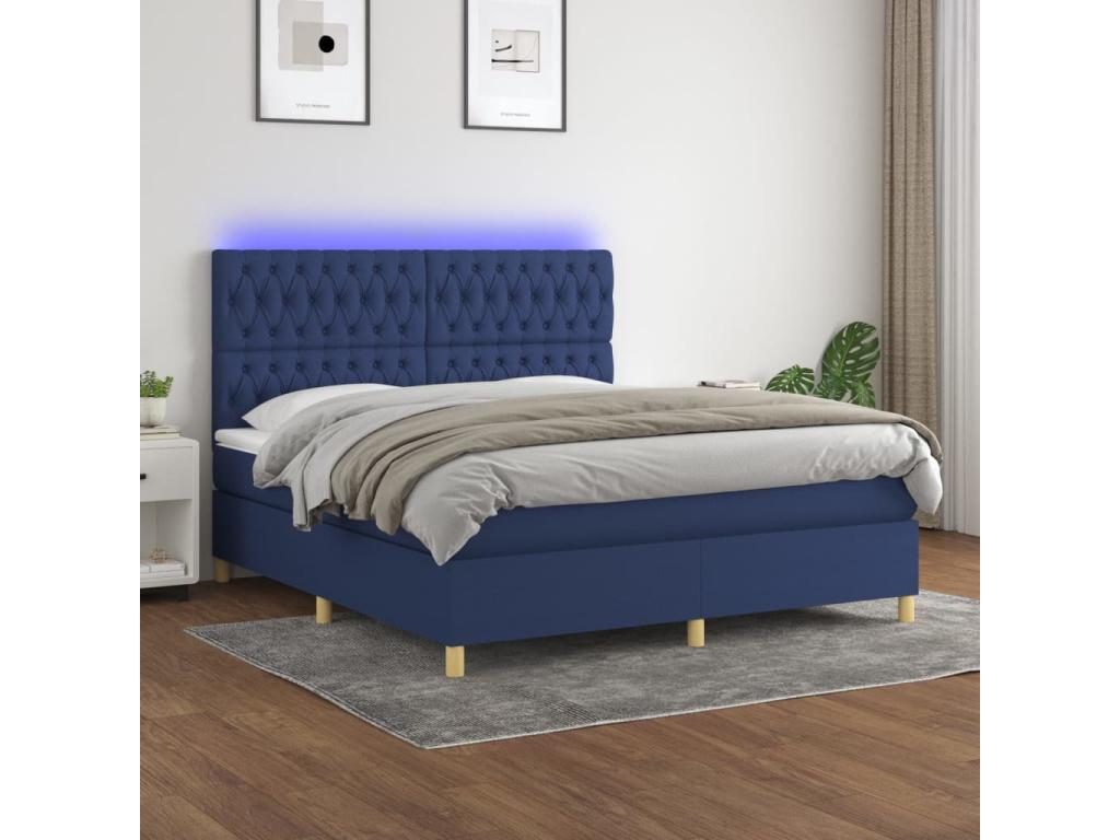 Bed Frame with Mattress with LED - Blue Polyester Fabric, W 79.9 x D 70.9 x H 50.4 in