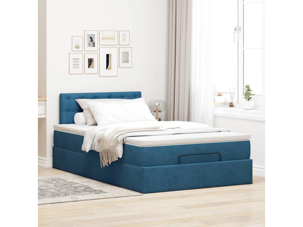 Bed Frame with Mattress - Blue Velvet, W 76 x D 47.2 x H 34.6 in