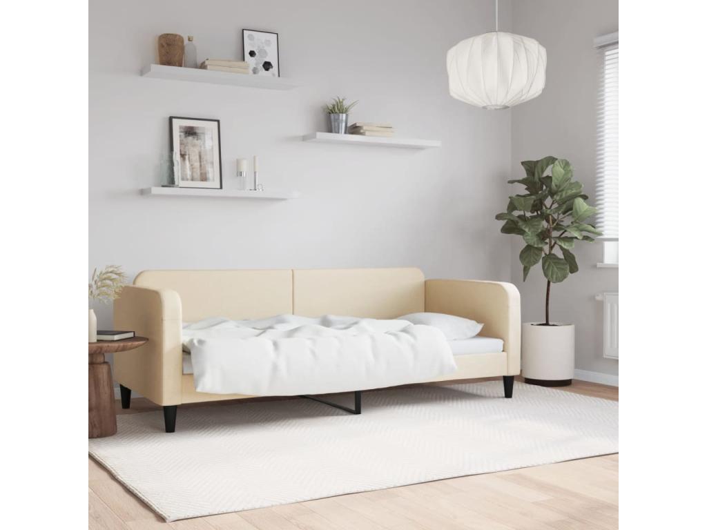 Bed Frame with Mattress - Creme Polyester Fabric, W 87.8 x D 35.4 x H 29.5 in
